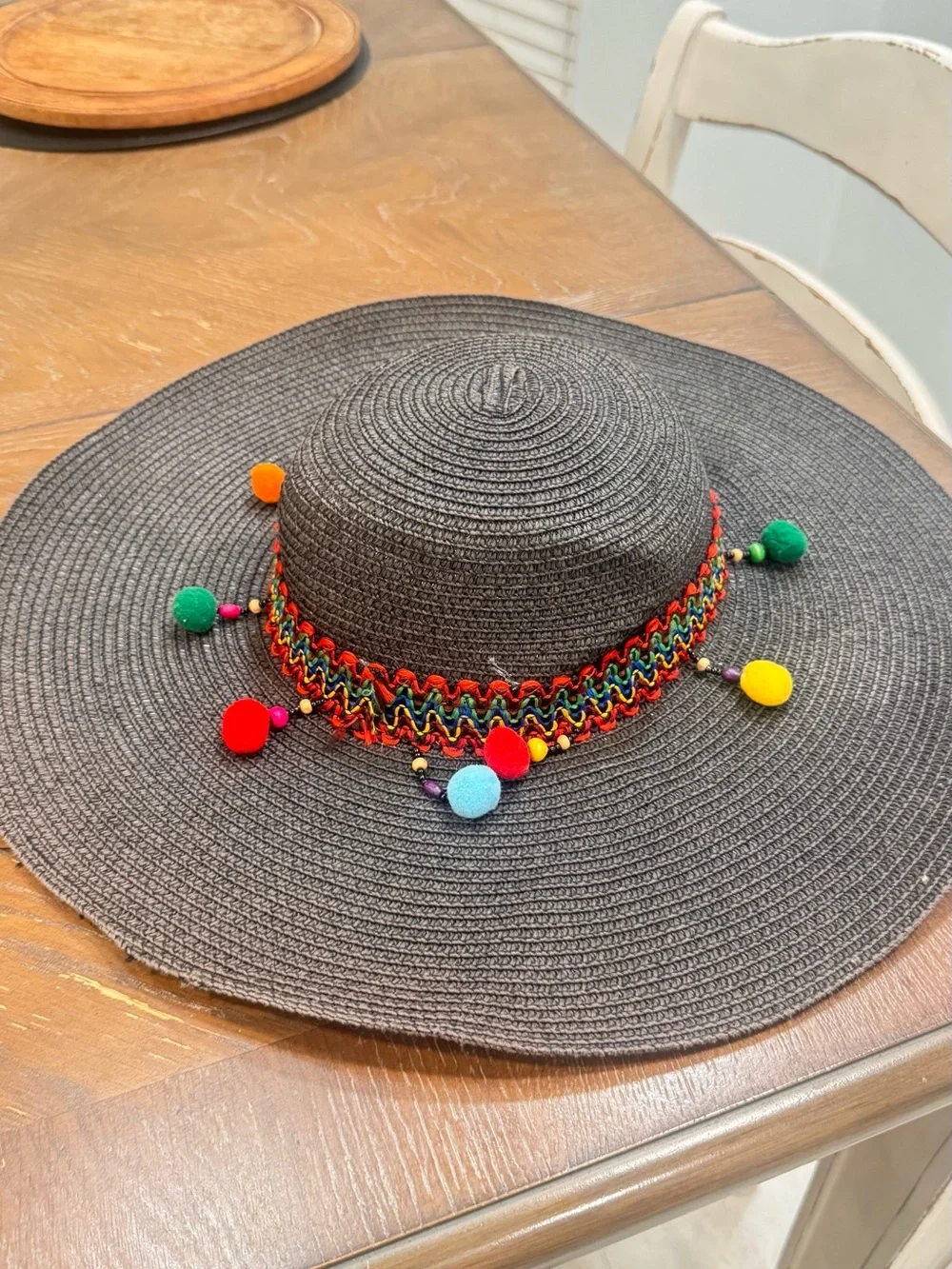Wide Brim Pom Pom Sun Hat - Black with Multicolor Trim